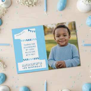 Carte De Remerciements Fête d'anniversaire de 1 an garçon bleu une photo