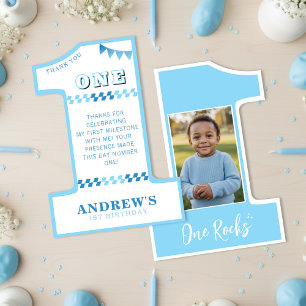 Carte De Remerciements Fête d'anniversaire de 1 an garçons bleu une photo