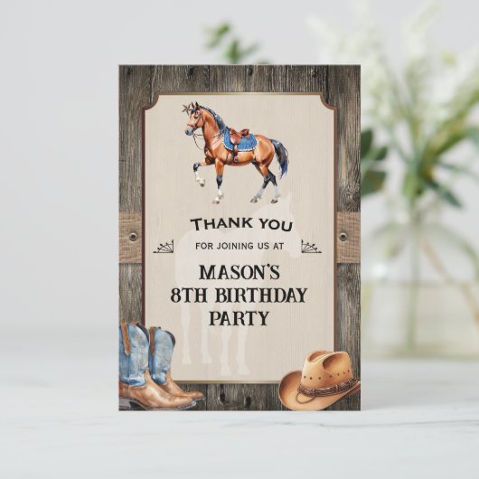Carte De Remerciements Fête d'anniversaire de cheval à cheval de cowboy r (Debout devant)