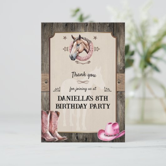 Carte De Remerciements Fête d'anniversaire de cheval en selle Rose rustiq (Debout devant)