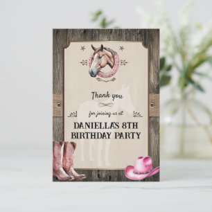 Carte De Remerciements Fête d'anniversaire de cheval en selle Rose rustiq