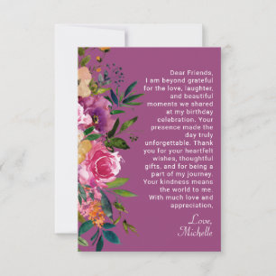 Carte De Remerciements Fête d'anniversaire de femme florale rose violet