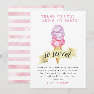 Carte De Remerciements Fête d'anniversaire de fille avec glace rose