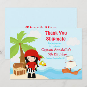 Carte De Remerciements Fête d'anniversaire de fille pirate aux cheveux no