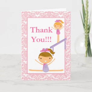Carte De Remerciements Fête d'anniversaire de gymnaste en rose damassé Me