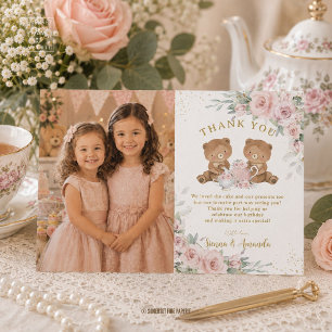 Carte De Remerciements Fête d'anniversaire de ours en peluche floraux ros