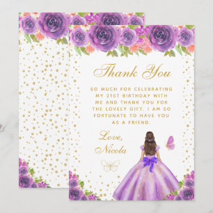 Carte De Remerciements Fête d'anniversaire de princesse aux cheveux bruns
