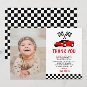 Carte De Remerciements Fête d'anniversaire de voiture de course bleue Pho