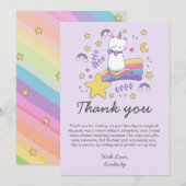 Carte De Remerciements Fête d'anniversaire des enfants avec licorne chat  (Devant / Derrière)