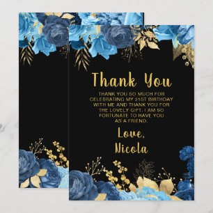 Carte De Remerciements Fête d'anniversaire élégante fleurs bleues et or