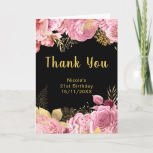 Carte De Remerciements Fête d'anniversaire élégante fleurs roses et or