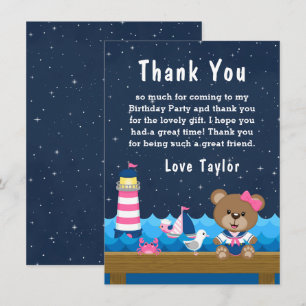 Carte De Remerciements Fête d'anniversaire fille nautique ours rose et ma