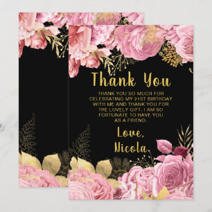 Carte De Remerciements Fête d'anniversaire Fleurs Roses et Dorées Élégant