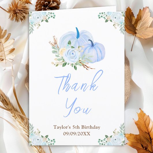 Carte De Remerciements Fête d'anniversaire Floral Citrouille Bleu