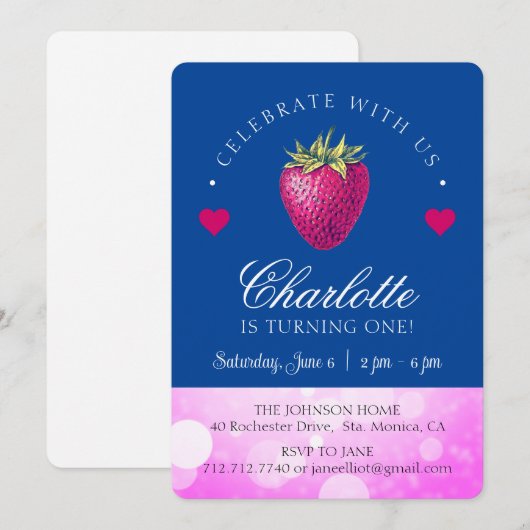 Carte De Remerciements Fête d'anniversaire fraise fille rose et bleu fonc (Devant / Derrière)