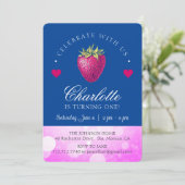 Carte De Remerciements Fête d'anniversaire fraise fille rose et bleu fonc (Debout devant)