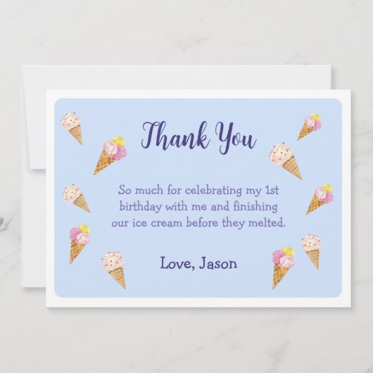 Carte De Remerciements Fête d'anniversaire garçon cône de glace mignon bl (Devant)