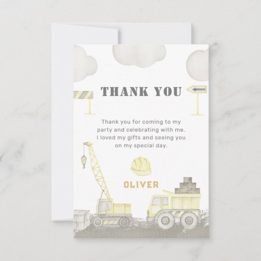 Carte De Remerciements Fête d'anniversaire garçon enfant construction amu (Devant)