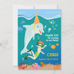 Carte De Remerciements Fête d'anniversaire garçon et dauphins sous la mer