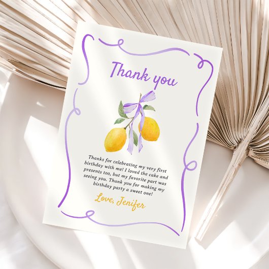 Carte De Remerciements Fête d'anniversaire Lemon Purple Bow