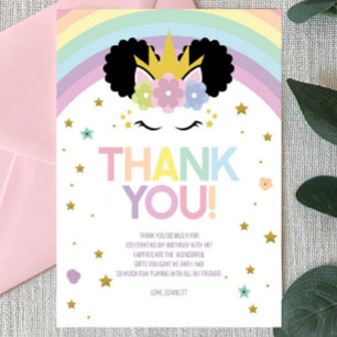Carte De Remerciements Fête d'anniversaire Licorne Afro Puff et Arc-en-ci
