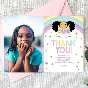 Carte De Remerciements Fête d'anniversaire Licorne Afro Puff et Arc-en-ci