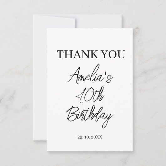 Carte De Remerciements Fête d'anniversaire moderne blanche et noire (Devant)