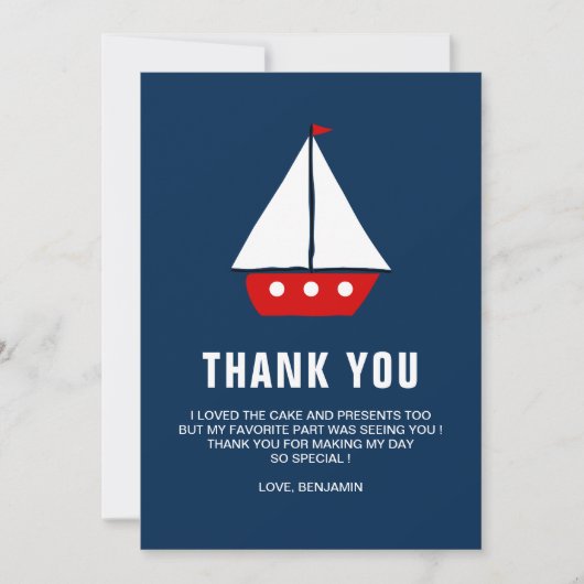 Carte De Remerciements Fête d'anniversaire nautique Bateau à voile rouge (Devant)