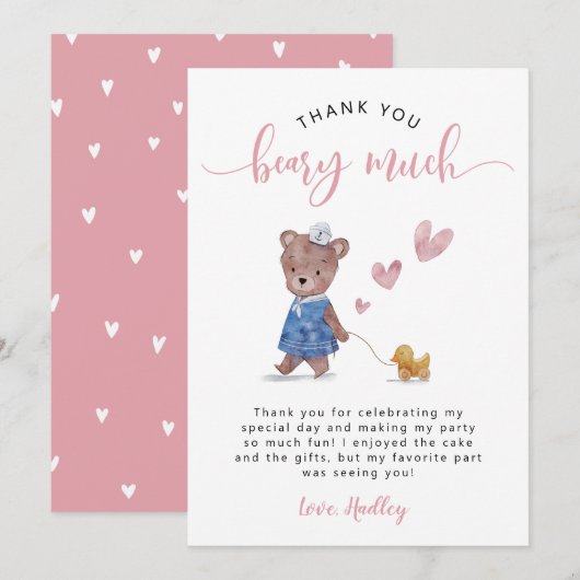 Carte De Remerciements Fête d'anniversaire ours en peluche rose (Devant / Derrière)