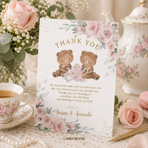 Carte De Remerciements Fête d'anniversaire ours en peluche rose floral Te