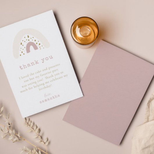 Carte De Remerciements Fête d'anniversaire pastel arc-en-ciel bohème rose