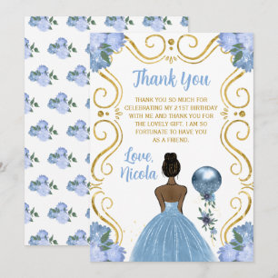 Carte De Remerciements Fête d'anniversaire Princesse peau noire Bleu