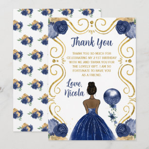 Carte De Remerciements Fête d'anniversaire Princesse peau noire Navy