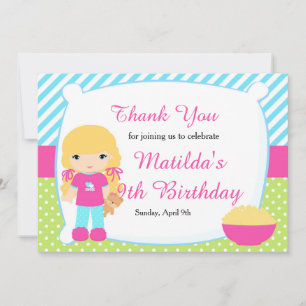 Carte De Remerciements Fête d'anniversaire Pyjama Party pour fille aux ch