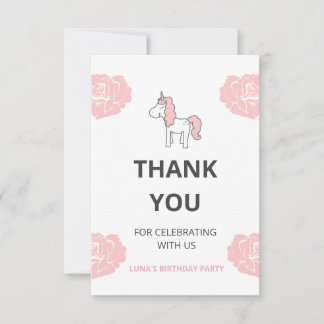 Carte De Remerciements Fête d'anniversaire rose mignonne licorne personna