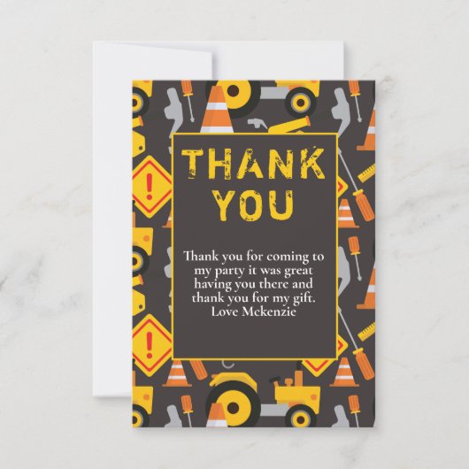 Carte De Remerciements Fête d'anniversaire sur le thème des constructions (Devant)