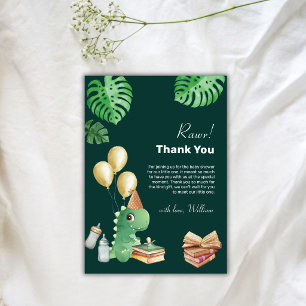 Carte De Remerciements Fête de bébé ballon livre de dinosaure vert Rawr
