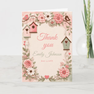 Carte De Remerciements Fête de bébé Fleurs et Oiseaux