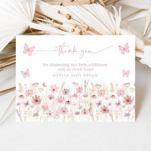 Carte De Remerciements Fête de Bébé Fleurs Sauvages Papillon Rose
