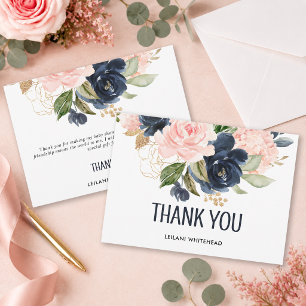 Carte De Remerciements Fête de bébé florale aquarelle rose navy