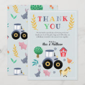 Carte De Remerciements Fête de bébé garçons animaux de la ferme & tracteu (Devant / Derrière)