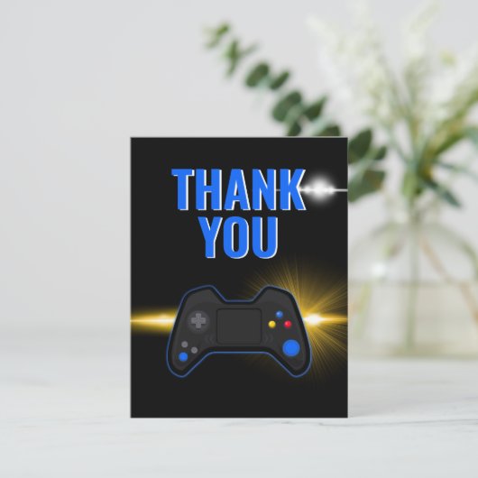 Carte De Remerciements Fête de jeu vidéo bleu (Debout devant)
