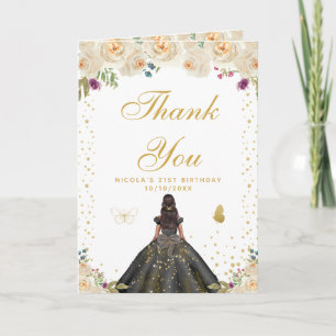 Carte De Remerciements Fête de la fille à peau foncée fleurs crème