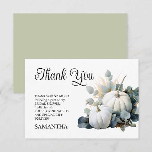 Carte De Remerciements Fête de mariage avec citrouilles blanches et eucal (Devant / Derrière)