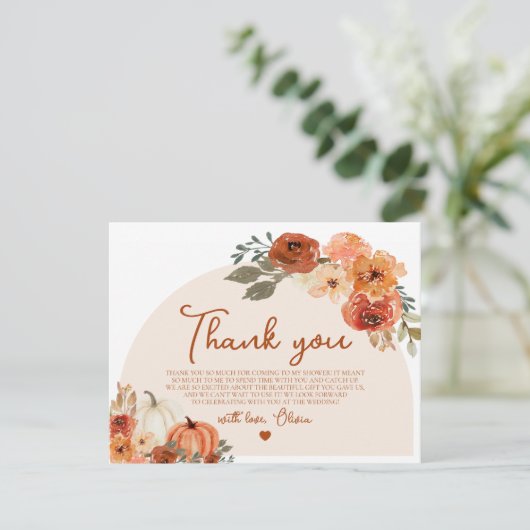 Carte De Remerciements Fête de mariage champêtre automnal avec citrouille (Debout devant)