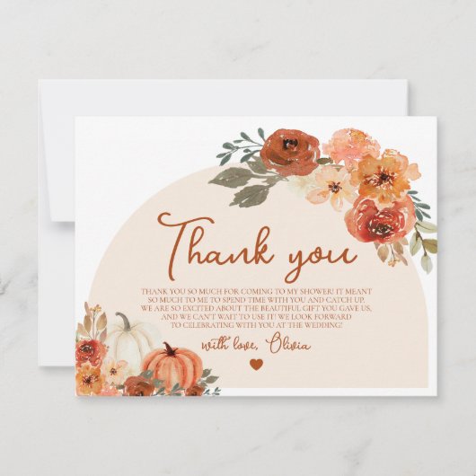 Carte De Remerciements Fête de mariage champêtre automnal citrouille flor (Devant)