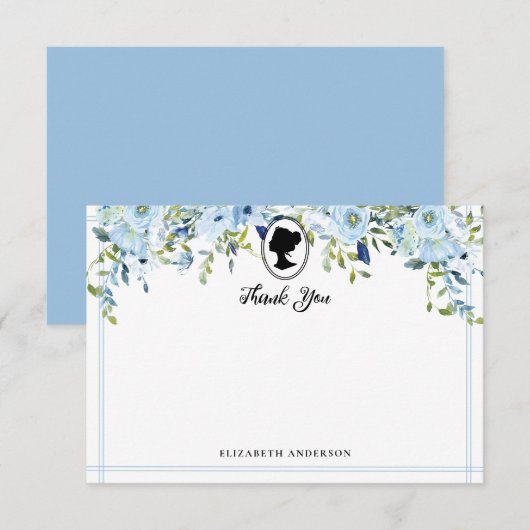 Carte De Remerciements Fête de mariage de l'ère Régence avec fleurs bleue (Devant / Derrière)
