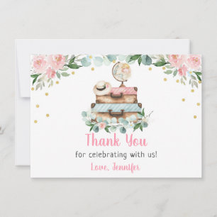 Carte De Remerciements Fête de mariage de voyage floral or rose