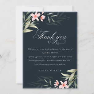 Carte De Remerciements Fête de mariage floral à la verdure rose Navy fonc
