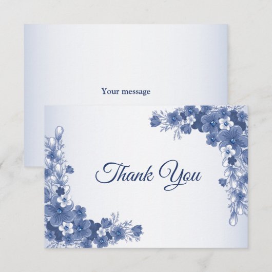 Carte De Remerciements Fête de mariage Floral Bleu Gris Blanc Rustique (Devant / Derrière)